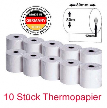10 x Papier für Bondrucker Kassenrollen Thermorolle Bonrollen Thermopapier Thermo-Belegpapier 80mm Breit, 80m Lang, Hülse 12mm