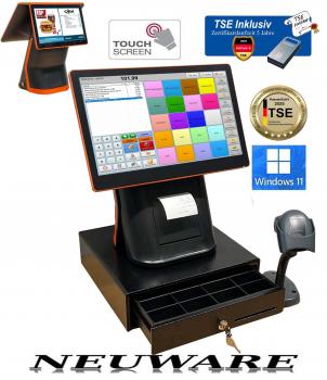 All In One Kassensystem Einzelhandel mit integrierte Bondrucker und Kundendisplay +TSE Stick POSPROM Kiosk Windows 11 NEUWARE