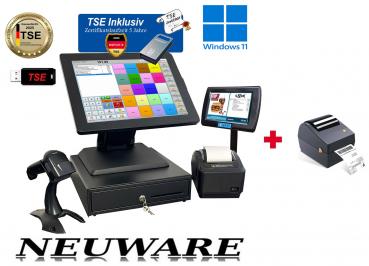 Komplettes 15 Zoll All in One Kasse Touchscreen Einzelhandel  inkl. Pfand-/Leergut + Etikettendrucker für Getränkemarkt, Textilhandel Kiosk Spätshop mit TSE Stick ink Zertifikat Win 11