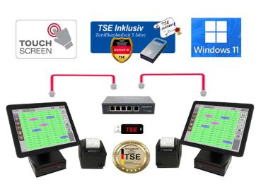 12" Touchscreen Gastro Kassen Restaurant Fiskal Kassensystem Netzwerk Kassen 2 x Station + TSE Stick inkl Zertifikat Win 11