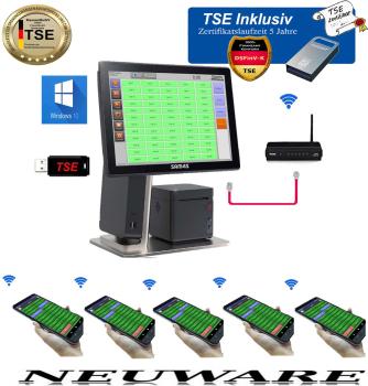 15,6 Zoll Gesetz Konform Kassensystem All In One Kasse mit Funk 5 x Kellnerterminal Gastro Eiscafe Restaurant + TSE Modul inkl Zertifikat NEU
