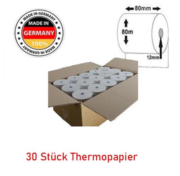 30 x Kassenrollen Thermorolle Bonrollen Thermopapier Thermobonrollen Thermo-Belegpapier 80mm Breit, 80m Lang, Hülse 12mm