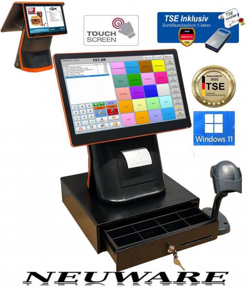 All In One Kassensystem Einzelhandel mit integrierte Bondrucker und Kundendisplay +TSE Stick POSPROM Kiosk Windows 11 NEUWARE