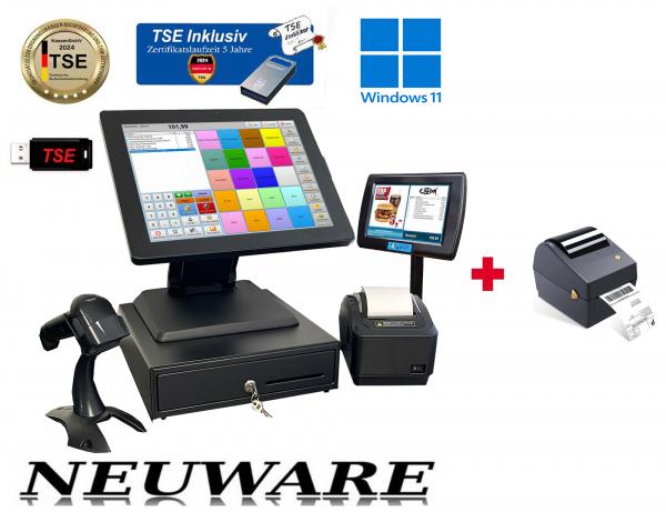 Komplettes 15 Zoll All in One Kasse Touchscreen Einzelhandel  inkl. Pfand-/Leergut + Etikettendrucker für Getränkemarkt, Textilhandel Kiosk Spätshop mit TSE Stick ink Zertifikat Win 11