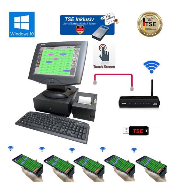 Touchscreen Gastro-Kasse Kassensystem für Restaurant Eiscafe + 5 x Kellnerterminal mit TSE Stick inkl Zertifikat Windows 10 NEU