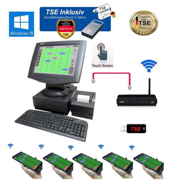 Touchscreen Gastro-Kasse Kassensystem für Restaurant Eiscafe + 5 x Kellnerterminal mit TSE Stick inkl Zertifikat Windows 10 NEU
