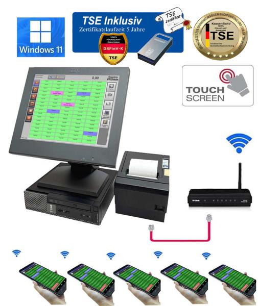 Gastrokasse Computerkasse + 5 x Funk Kellnerterminal Restaurant Eiscafe mit TSE Stick inkl. Zertifikat Posprom Promax 3.7