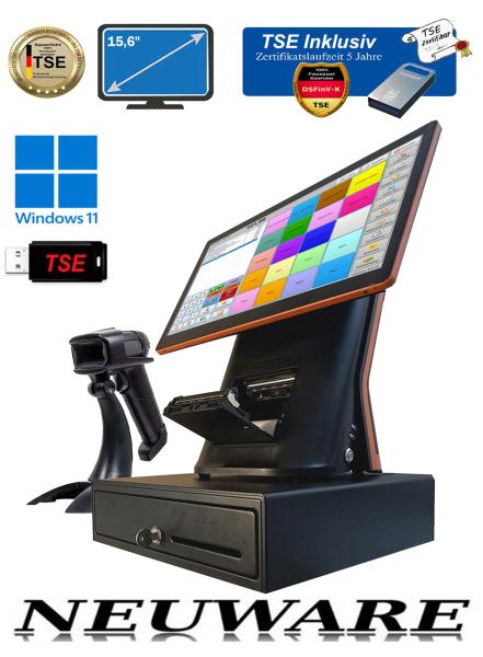 Touchscreen-Kasse All-in-One-mit Bondrucker TSE Stick mit Zertifikat dabei